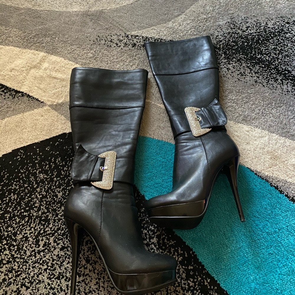 Black knee high boots with rhinestone buckle